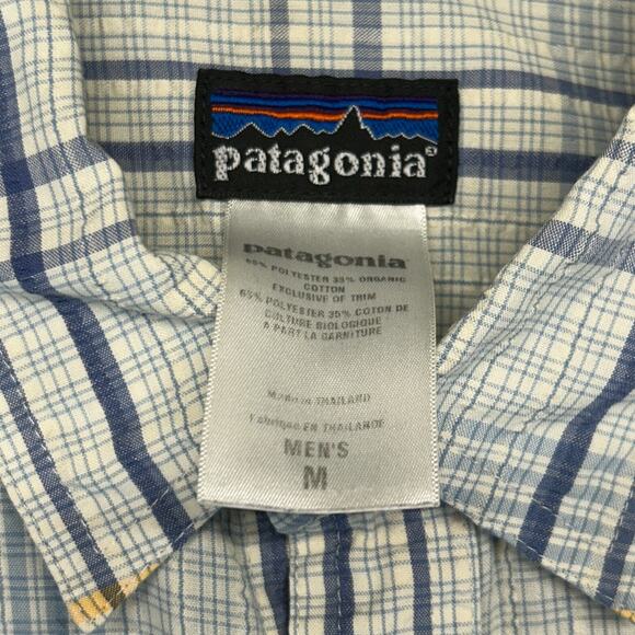 Patagonia Shirt Men's Medium Short Sleeve Button Up Blue Plaid Seersucker Light - Picture 5 of 9